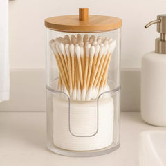 Acrylic Q tip Dispenser and Cotton Pad Holder with Bamboo Lid, 2 Tier Nonslip Round Bathroom Organizer Jars for Cotton Balls, Swabs, Makeup Pads