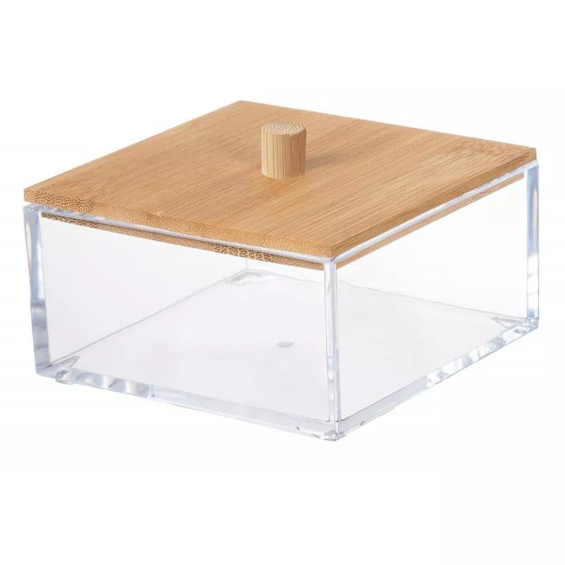 Cosmetic Organizer with Bamboo Lid, Clear Square Nonslip Acrylic Makeup, Cotton Ball & Swab Storage Box, Multi Purpose Vanity Organizer