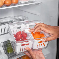 OU Fridge Organizer Bins with Drain Baskets & Vented Lids, Clear Stackable Refrigerator Storage Container, Produce Kitchen Storage Bin, BPA Free