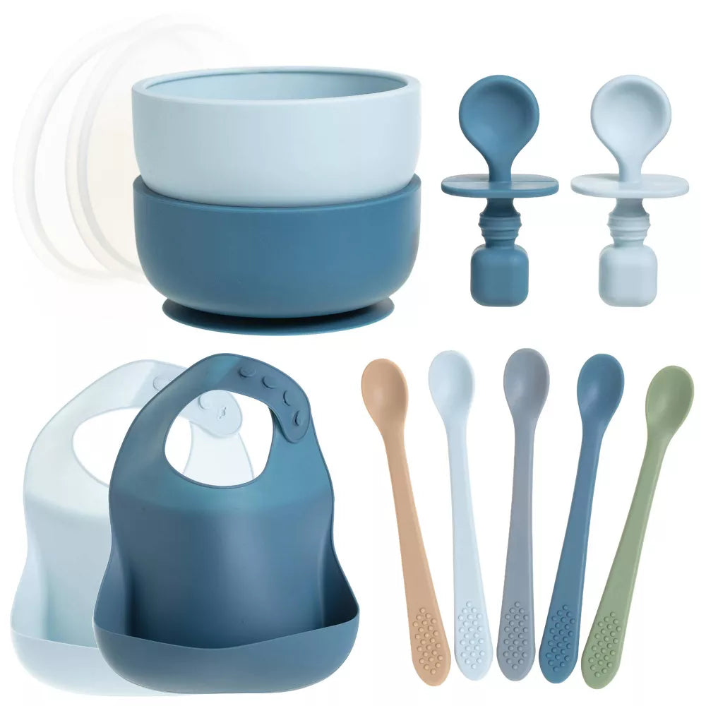 Baby Feeding Set, Silicone Bib, Bowl & Spoons for Self-Feeding First Stage Baby Essentials – Gum Friendly, BPA-Free, Easy to Clean & Safe for Babies