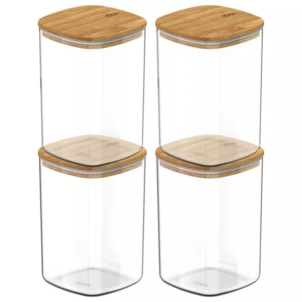 OU Airtight Food Storage Container Set 8pc (set of 4) Clear Plastic Storage Container w Leak Proof Bamboo Lid, Stackable Kitchen Pantry Organizer Jars