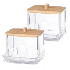 Clear Cotton Swab Dispenser with Bamboo Lid—Acrylic Qtips Dispenser, Easy-Access, Cotton Swab and Cotton Ball Holder, 2pc