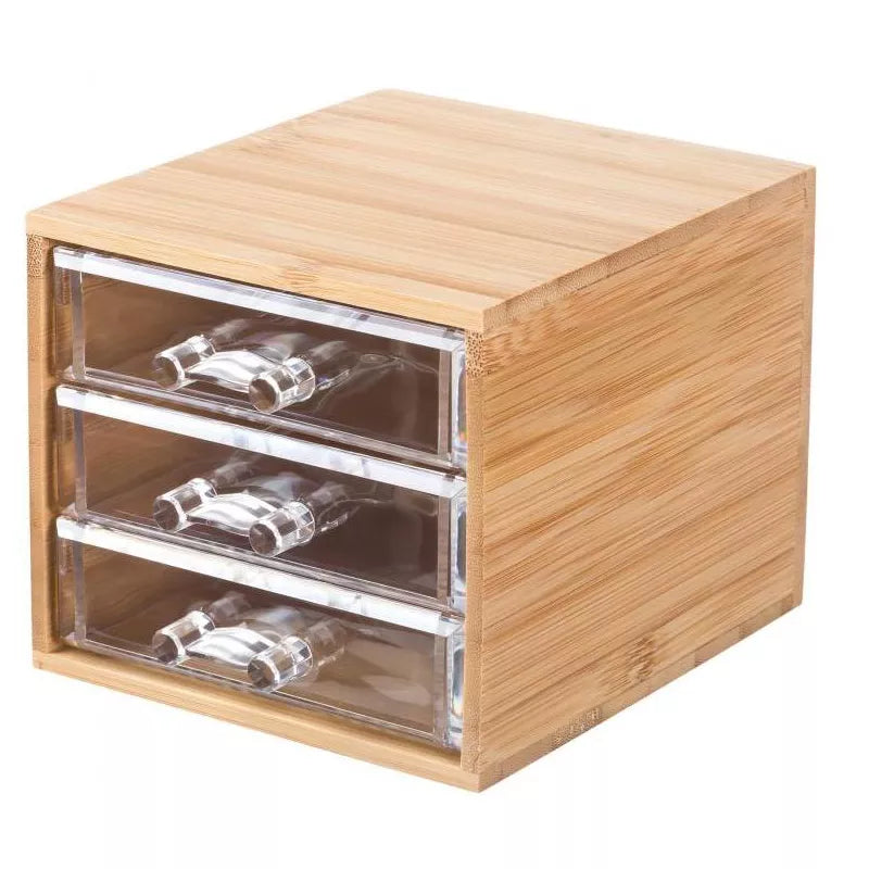 Bamboo Cotton Swab & Ball Organizer w/ 3 Acrylic Drawers, Lightweight Nonslip Bathroom Storage Box for Q-Tips, Cotton Balls & Personal Care Essentials