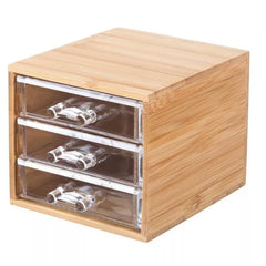 Bamboo Cotton Swab & Ball Organizer w/ 3 Acrylic Drawers, Lightweight Nonslip Bathroom Storage Box for Q-Tips, Cotton Balls & Personal Care Essentials