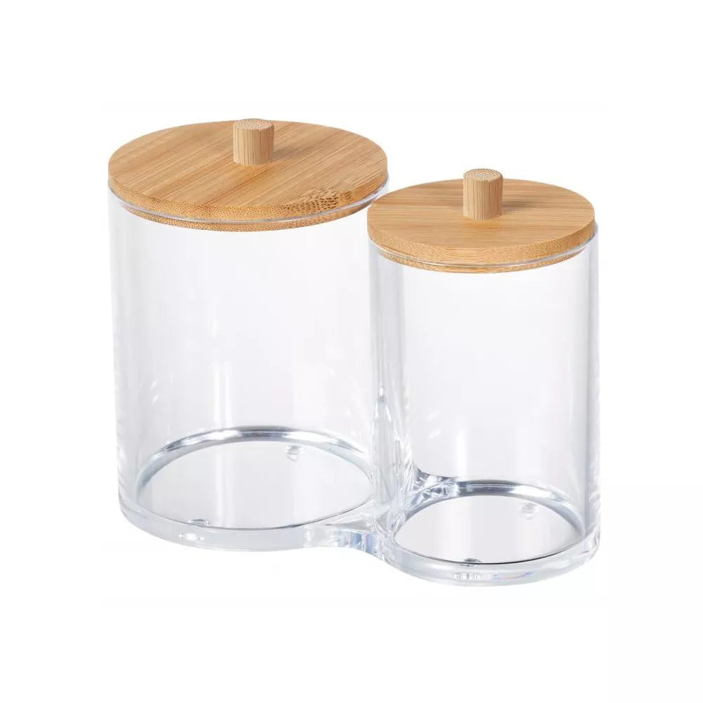 2 Section Acrylic Cotton Swab & Makeup Organizer with Bamboo Lid, Nonslip Clear Vanity Storage Container, Compact Bathroom Countertop Organizer