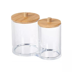 2 Section Acrylic Cotton Swab & Makeup Organizer with Bamboo Lid, Nonslip Clear Vanity Storage Container, Compact Bathroom Countertop Organizer