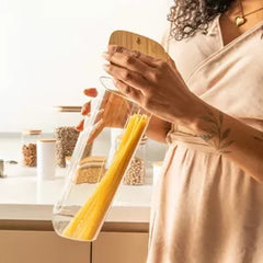 OU Airtight Food Storage Container Set 8pc (set of 4) Clear Plastic Storage Container w Leak Proof Bamboo Lid, Stackable Kitchen Pantry Organizer Jars