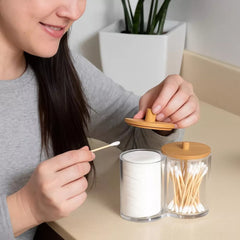 2 Section Acrylic Cotton Swab & Makeup Organizer with Bamboo Lid, Nonslip Clear Vanity Storage Container, Compact Bathroom Countertop Organizer