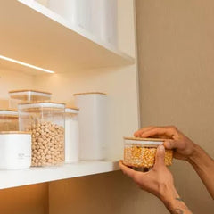 OU Food Storage Container Set 16pc (set of 8) Clear Airtight Plastic Containers, Leak Proof Bamboo Lids, Stackable Kitchen Pantry Organizer Jars