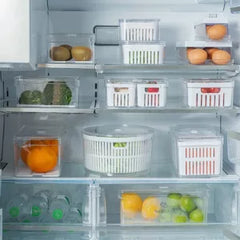 OU Fridge Organizer Bins with Drain Basket & Vented Lid, Clear Stackable Refrigerator Storage Container, Produce Kitchen Storage Bin, BPA Free, 4 Pack