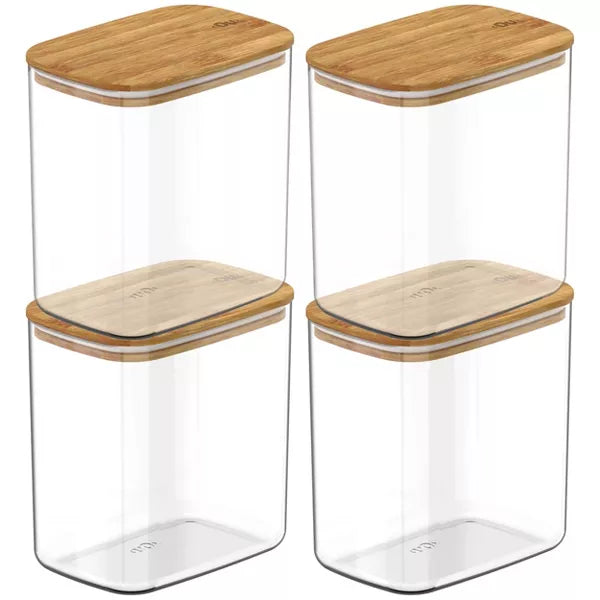 OU Airtight Food Storage Container Set 8pc (set of 4) Clear Plastic Storage Container w Leak Proof Bamboo Lid, Stackable Kitchen Pantry Organizer Jars