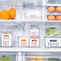 OU Clear Fridge Organizer Set, 4 Pack Stackable Produce Bins with Dual Removable Basket Drainers, BPA Free Fridge Storage for Fruits & Veggies, 74.3oz