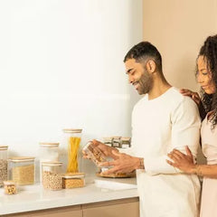 OU Food Storage Container Set 16pc (set of 8) Clear Airtight Plastic Storage Container Leak Proof Bamboo Lids, Stackable Kitchen Pantry Organizer Jars