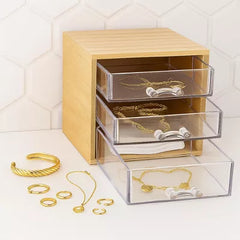 Bamboo Cotton Swab & Ball Organizer w/ 3 Acrylic Drawers, Lightweight Nonslip Bathroom Storage Box for Q-Tips, Cotton Balls & Personal Care Essentials