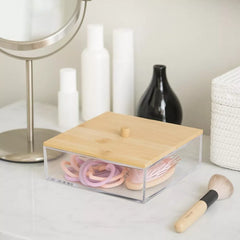 Acrylic Cosmetic Organizer with Bamboo Lid, Nonslip Durable & Stylish Clear Makeup Storage Box for Skincare, Beauty Accessories, Bathroom & Vanity Use