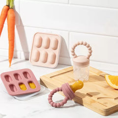Baby Feeding Set, Silicone Baby Fruit Feeders, Baby Bibs & 12-Piece Glass Baby Food Storage Containers w/ Lids. Baby Must-Have, BPA-Free Easy to Clean