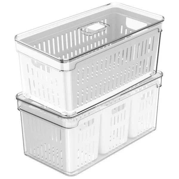 OU Fridge Organizer Bins with Drain Baskets & Vented Lids, Clear Stackable Refrigerator Storage Container, Produce Kitchen Storage Bin, BPA Free