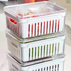 OU Fridge Organizer Bins with Drain Basket & Vented Lid, Clear Stackable Refrigerator Storage Container, Produce Kitchen Storage Bin, BPA Free, 4 Pack
