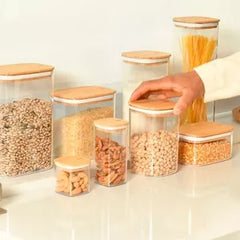 OU Food Storage Container Set 16pc (set of 8) Clear Airtight Plastic Containers, Leak Proof Bamboo Lids, Stackable Kitchen Pantry Organizer Jars