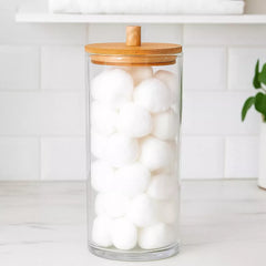 Nonslip Cotton Ball Holder with Bamboo Lid, Clear Eco-Friendly Makeup & Cotton Storage Organizer for Vanity & Bathroom Countertop