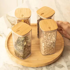 OU Airtight Food Storage Container Set 8pc (set of 4) Clear Plastic Storage Container w Leak Proof Bamboo Lid, Stackable Kitchen Pantry Organizer Jars