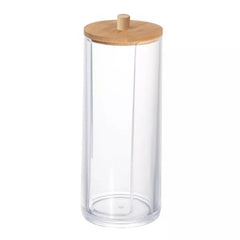 Nonslip Cotton Ball Holder with Bamboo Lid, Clear Eco-Friendly Makeup & Cotton Storage Organizer for Vanity & Bathroom Countertop
