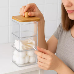 Cotton Swab and Ball Holder with Bamboo Lid, 3 Tier Nonslip Acrylic Q-tip Dispenser & Jewelry Storage Box, Bathroom, Vanity & Desk Essentials