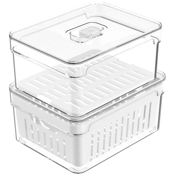 OU Fridge Organizer Bins with Drain Baskets & Vented Lids, Clear Stackable Refrigerator Storage Container, Produce Kitchen Storage Bin
