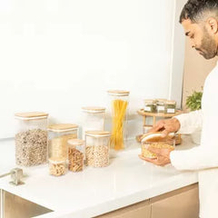 OU Food Storage Container Set 16pc (set of 8) Clear Airtight Plastic Containers, Leak Proof Bamboo Lids, Stackable Kitchen Pantry Organizer Jars