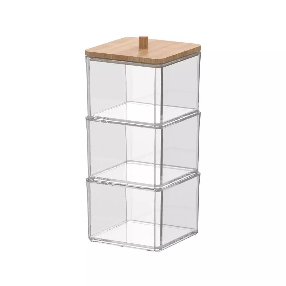 Cotton Swab and Ball Holder with Bamboo Lid, 3 Tier Nonslip Acrylic Q-tip Dispenser & Jewelry Storage Box, Bathroom, Vanity & Desk Essentials