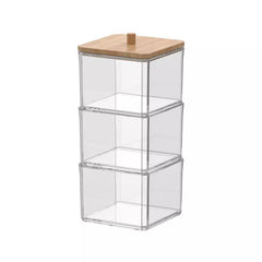 Cotton Swab and Ball Holder with Bamboo Lid, 3 Tier Nonslip Acrylic Q-tip Dispenser & Jewelry Storage Box, Bathroom, Vanity & Desk Essentials