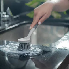 OU Cleaning Scrub Brush, Heavy Duty Cleaning Scrubber Brush for Bathroom & Kitchen, Nonslip Soft Silicone Grip Handle & Built-In Scraper