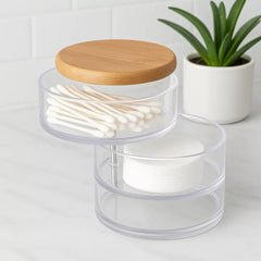 Makeup Organizer 3 Tier Rotating with Bamboo Lid, Clear Acrylic Jewelry Holder, Nonslip 360° Rotating Storage Tray