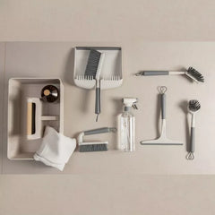 OU 8-Piece Home Cleaning Tools Set – Silicone Squeegee, Scrub Brushes, Refillable Spray Bottle, Organizer Caddy & More for Bathroom & Kitchen Cleaning