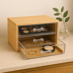 Compact Bamboo Makeup & Jewelry Organizer with 2 Tier Acrylic Drawers, Nonslip Cosmetic Storage Box for Palettes, Skincare & Beauty Accessories