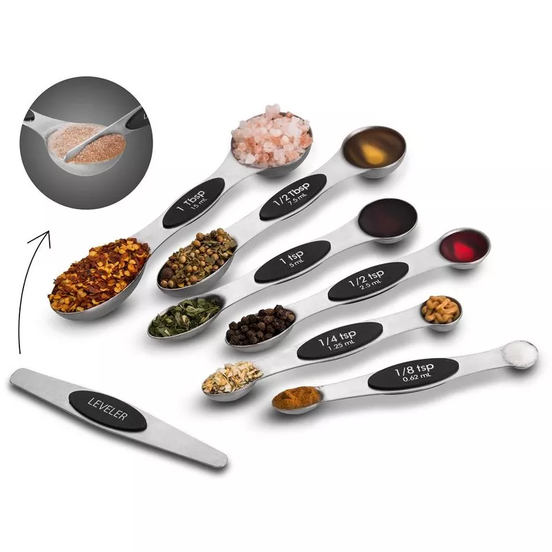 Magnetic Measuring Spoons - Dual Sided Stainless Steel Kitchen Spoon Set for Chef and Baking - Metal Spice Container Utensils for Cooking