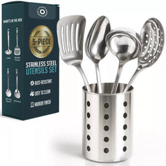 Stainless Steel Kitchen Utensil Set with Holder, 5-Piece Heat Resistant Kitchen Tools Set, Includes Ladle, Skimmer & Serving Spoon, Nonstick Cookware