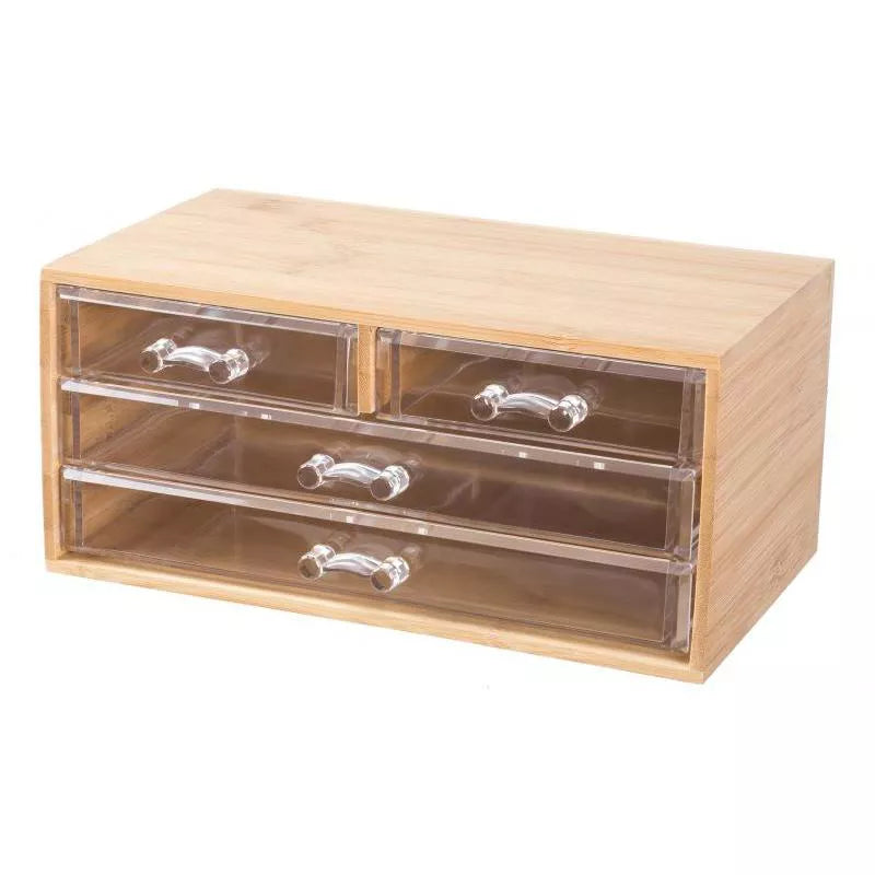 Bamboo Jewelry Organizer with 4 Clear Acrylic Drawers, Compact Multi Purpose Storage Box for Makeup, Office Supplies & Vanity Use, Smooth Glide Drawer