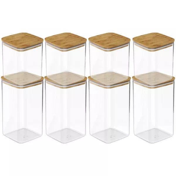OU Food Storage Container Set 16pc (set of 8) Clear Airtight Plastic Storage Container Leak Proof Bamboo Lids, Stackable Kitchen Pantry Organizer Jars