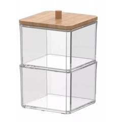 Acrylic Q tip Dispenser with Bamboo Lid, 2 Tier Stackable Square Cotton Swab & and Ball Organizer for Bathroom or Vanity, Compact Apothecary Jar
