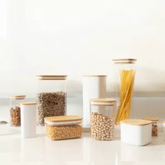 OU Airtight Food Storage Container Set 8pc (set of 4) Clear Plastic Storage Container with Leak Proof Bamboo Lid, Stackable Kitchen Pantry Organizer