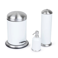 3 Pc Stainless Steel Bathroom Set with 3L Step Can, Toilet Brush Holder, and Soap Dispenser - White