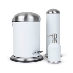3 Pc Stainless Steel Bathroom Set with 3L Step Can, Toilet Brush Holder, and Soap Dispenser - White