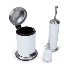 3 Pc Stainless Steel Bathroom Set with 3L Step Can, Toilet Brush Holder, and Soap Dispenser - White