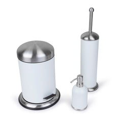 3 Pc Stainless Steel Bathroom Set with 3L Step Can, Toilet Brush Holder, and Soap Dispenser - White