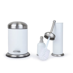 3 Pc Stainless Steel Bathroom Set with 3L Step Can, Toilet Brush Holder, and Soap Dispenser - White