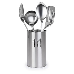 5 Pc Stainless Steel Cooking Utensil Set with Holder - Includes Spatula, Ladle, Spoons, and Countertop Holder