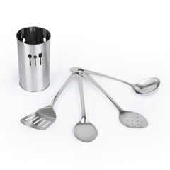 5 Pc Stainless Steel Cooking Utensil Set with Holder - Includes Spatula, Ladle, Spoons, and Countertop Holder