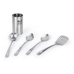 5 Pc Stainless Steel Cooking Utensil Set with Holder - Includes Spatula, Ladle, Spoons, and Countertop Holder