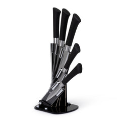 5 Piece Stainless Steel Knife Set with Acrylic Stand - Modern Black Design, Never-Need Sharpening Fine Edge Blades